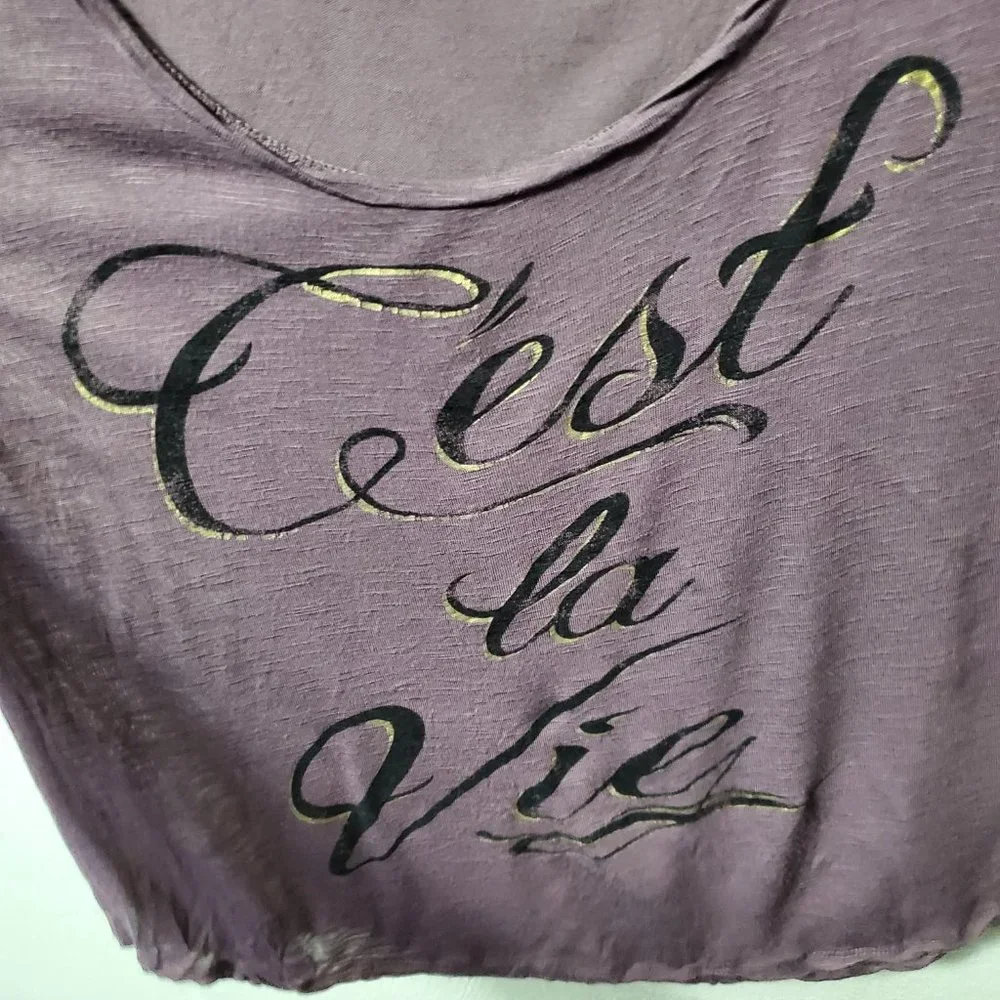 Fifth Sun Purple Short Sleeve Cest La Vie Round Neck Shirt Sz L - Picture 3 of 6